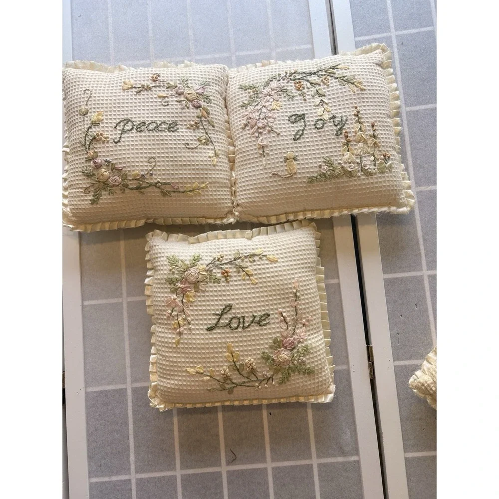 3 Cottagecore Shabby Chic Mini Pillows PEACE JOY LOVE Embroidered Floral Rosette